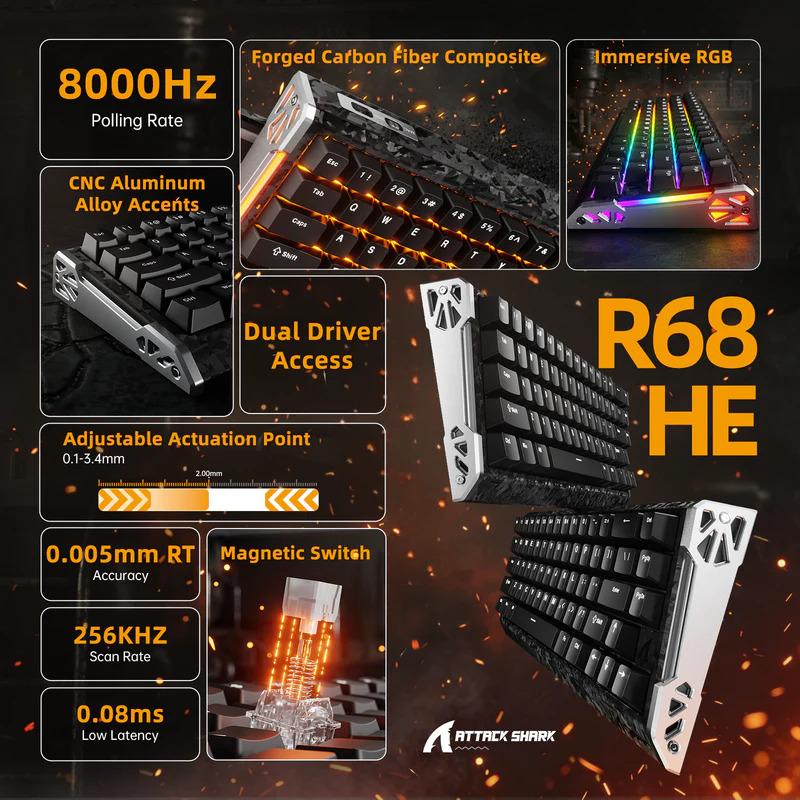 كيبورد مغناطيسي كربون ATTACKSHARK R68 HE