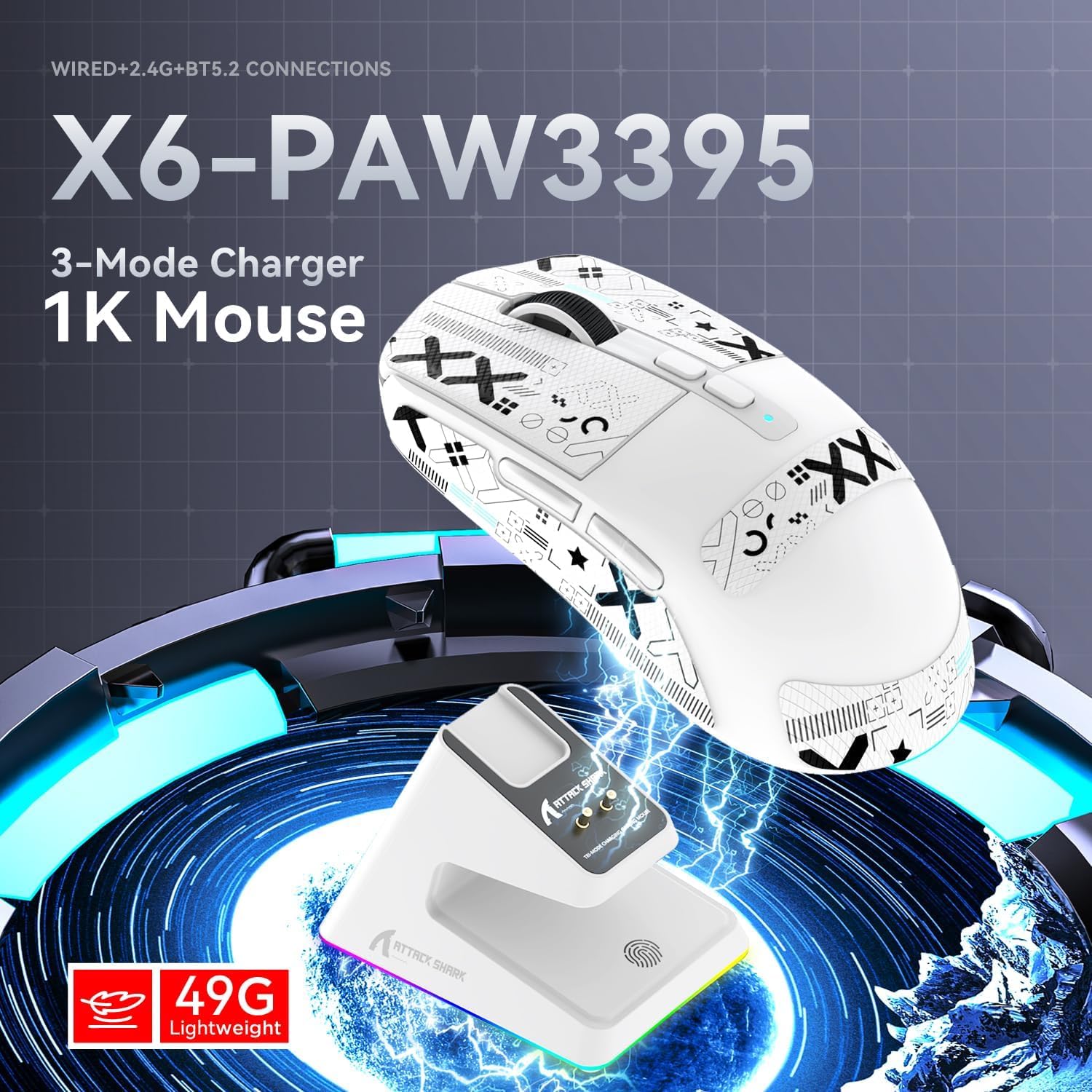 ماوس وايرلس/BT/سلك Attack Shark X6 PAW3395