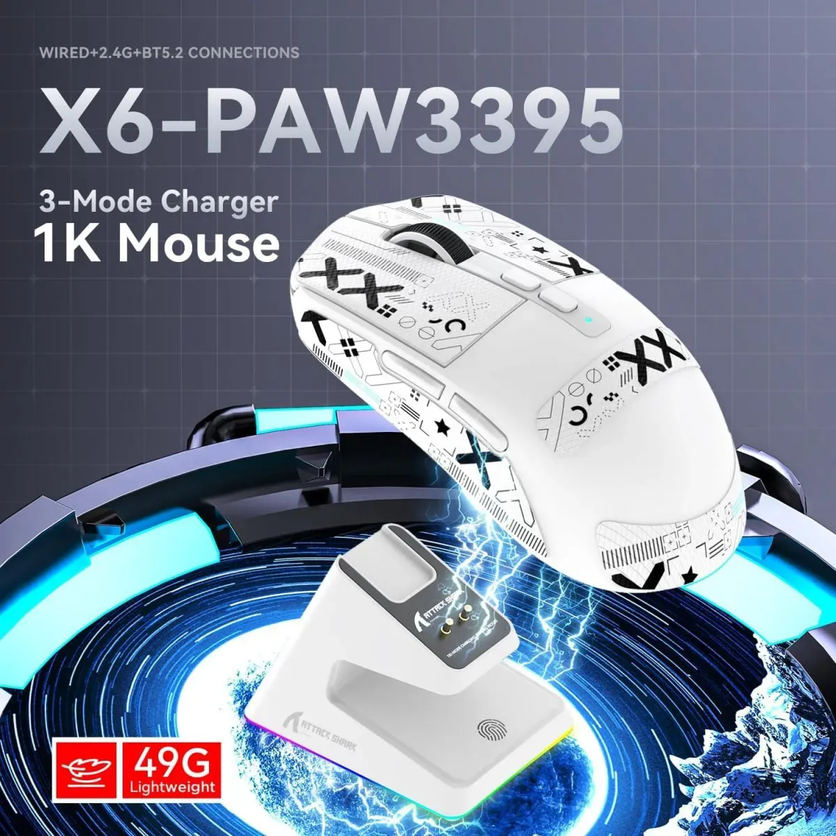 ماوس وايرلس/BT/سلك Attack Shark X6 PAW3395