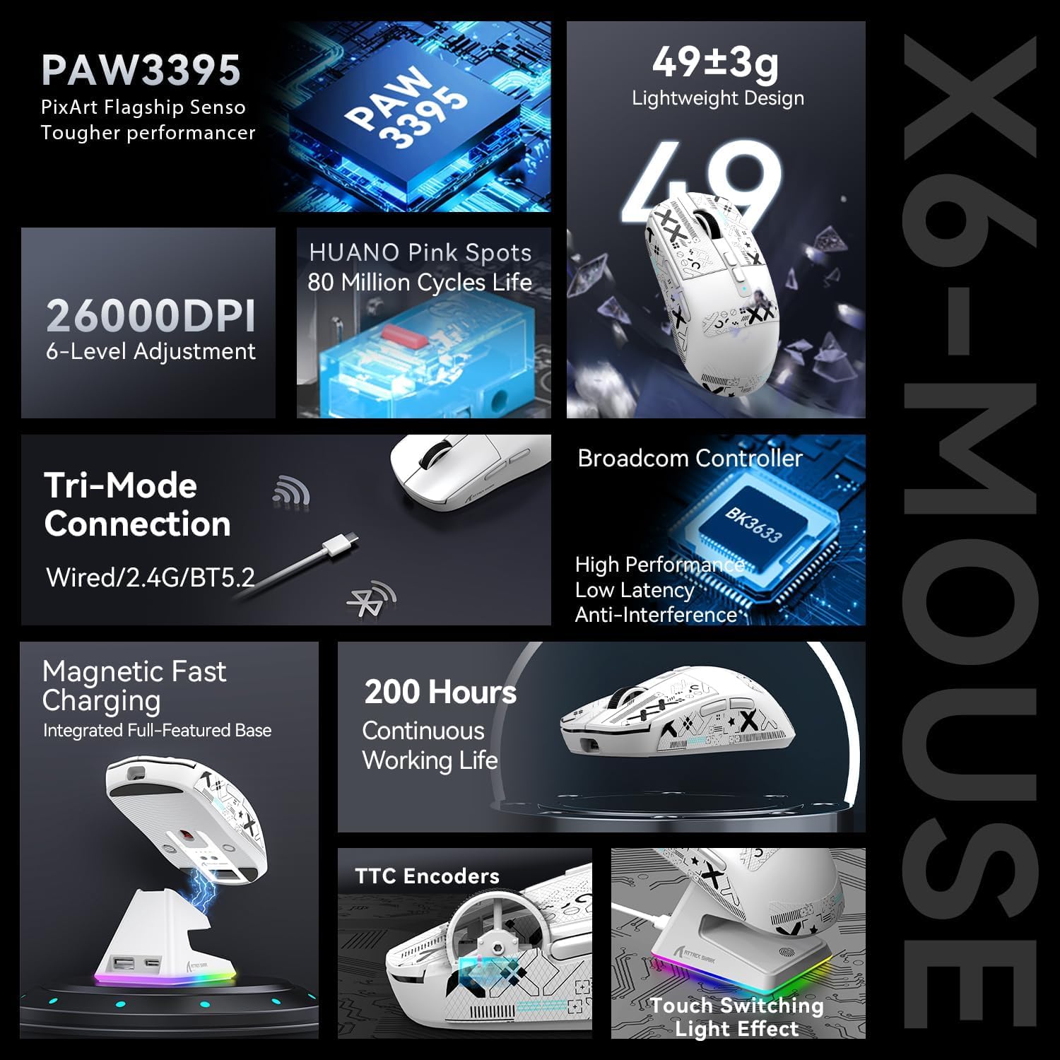 ماوس وايرلس/BT/سلك Attack Shark X6 PAW3395