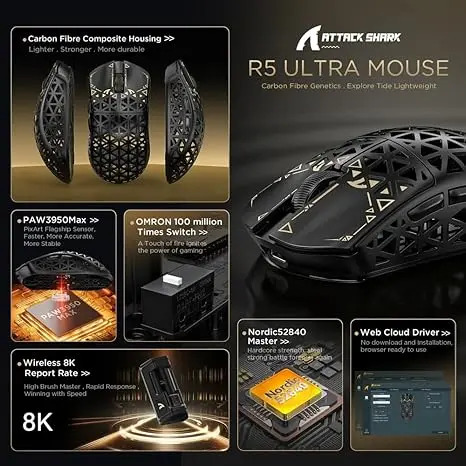 ماوس وايرلس/BT/سلك Attack Shark R5 Ultra PAW 3950 MAX