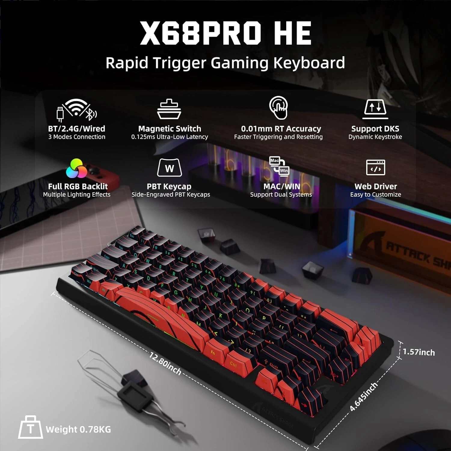 كيبورد مغناطيسي وايرلس/بلوتوث/سلك Attack Shark x68 PRO HE
