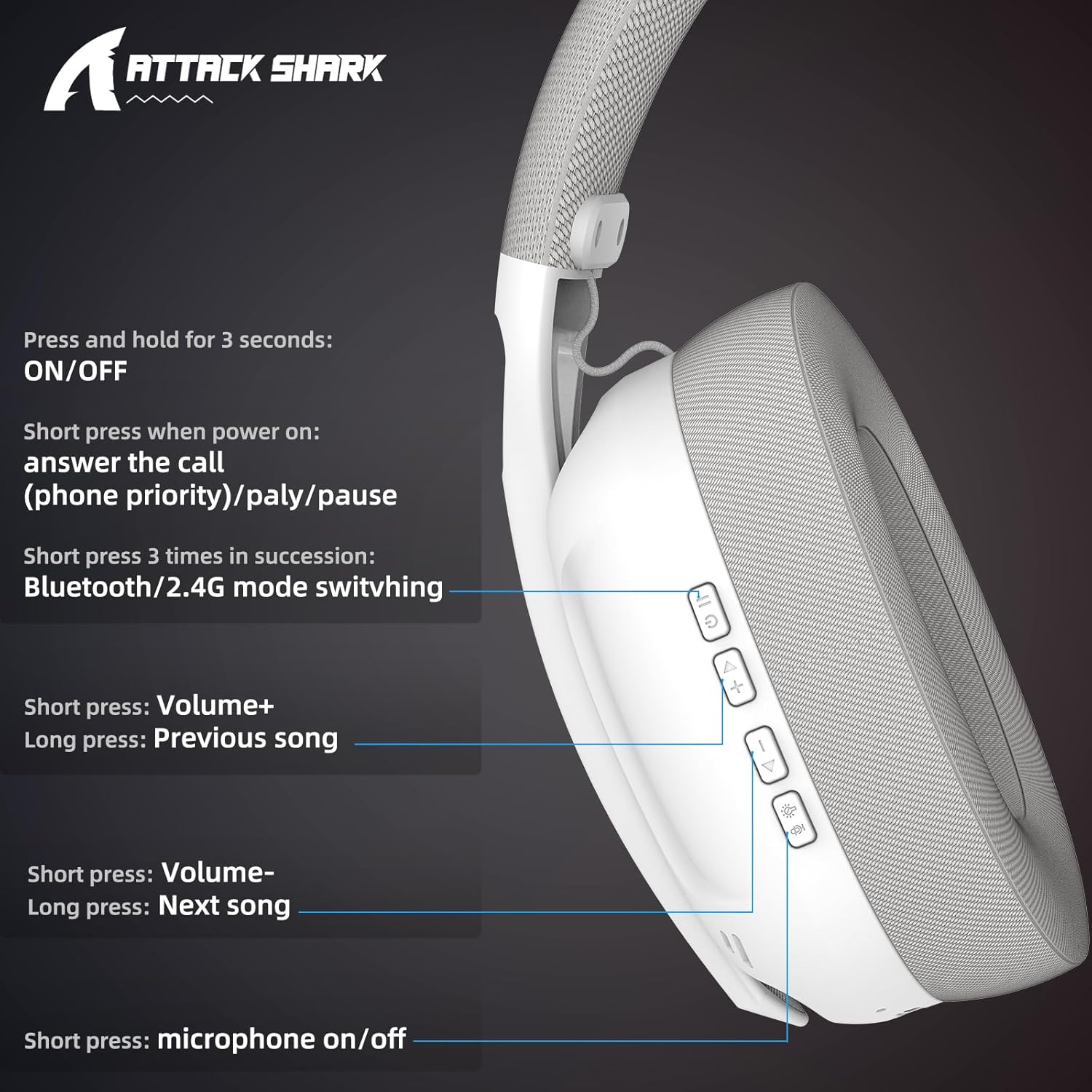 سماعة راس  وايرلس/بلوتوث/سلك Attach Shark L80 Pro