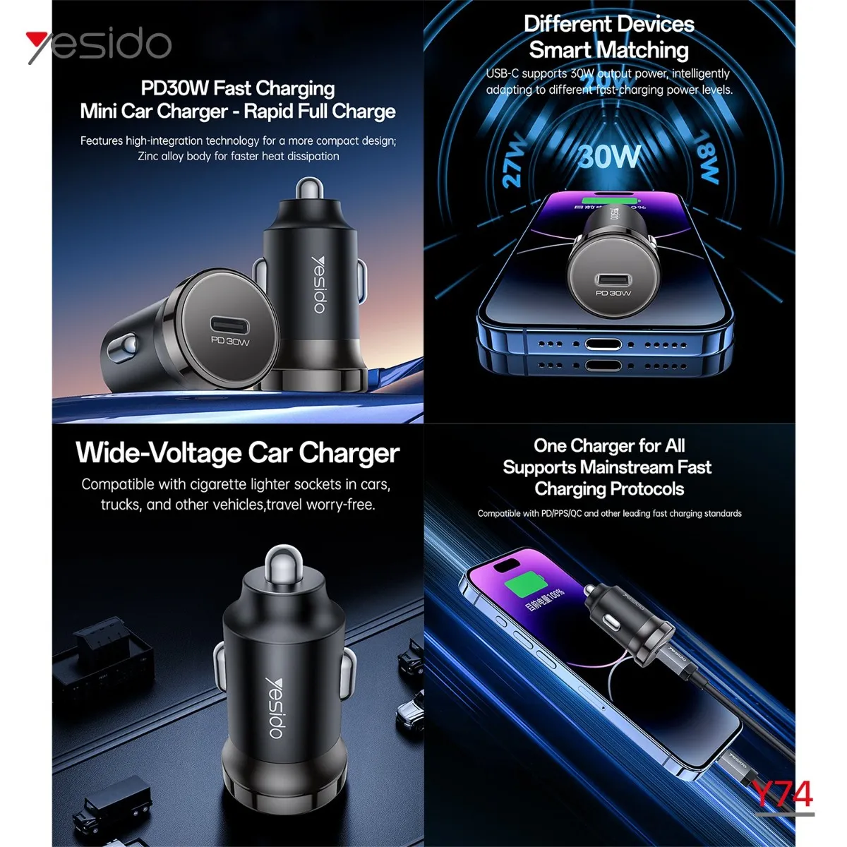 شاحن سيارة YESIDO Y74 30W PD