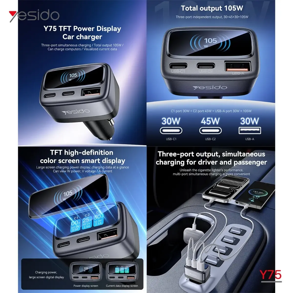 شاحن سيارة YESIDO Y75 105W PD